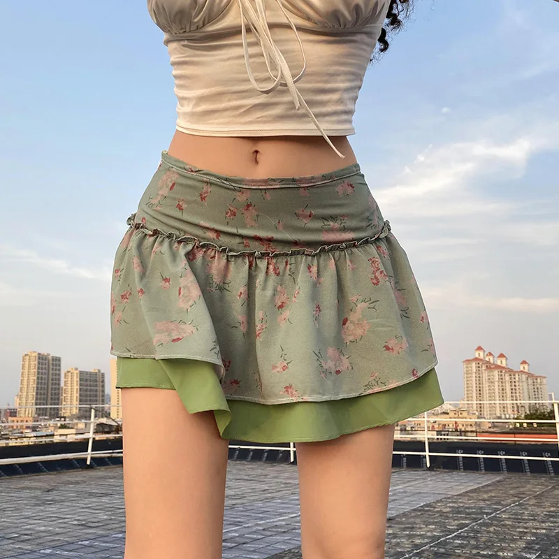 Fashion Boho Floral Pleated Skirt Frill Low Waisted Sweet Vintage Short Skirts Women Aesthetic Grunge Fairycore Kawaii Clothes