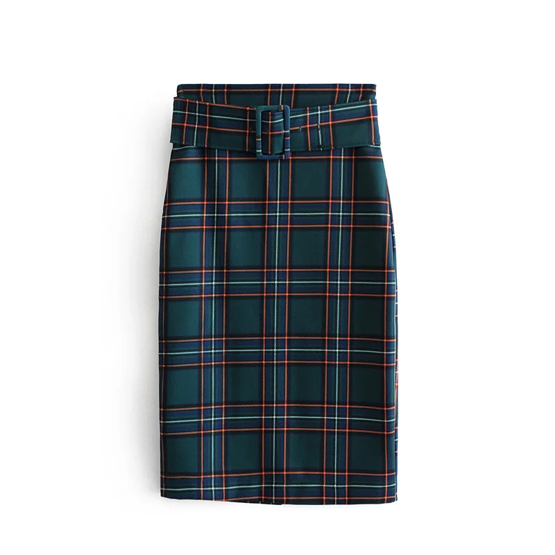 Женская прямая юбка с поясом плотная клетчатая в западном стиле Осень зима 2019| |