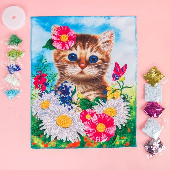 Вышивка бисером и пайетками Котёнок 28 × 35 см. Набор для творчества | Дом сад