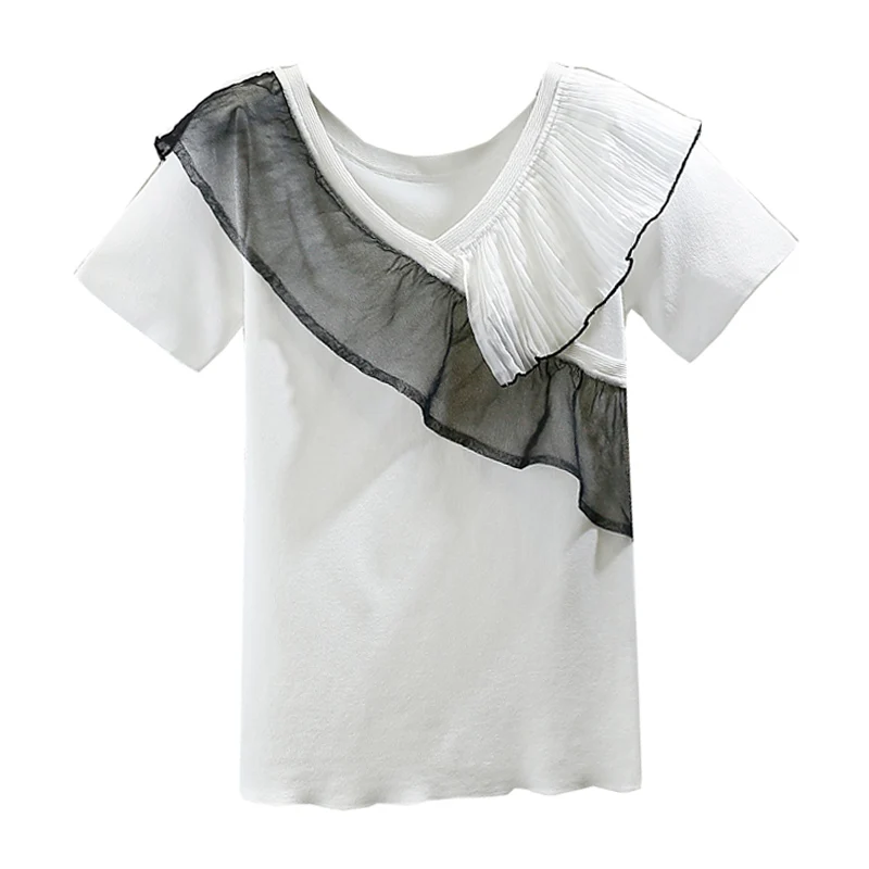 

2021 Summer New Style Fashionable Pleated Ruffled Color Contrast Patchwork Ice Silk Short Sleeve Knitwear Slimming Top for Women