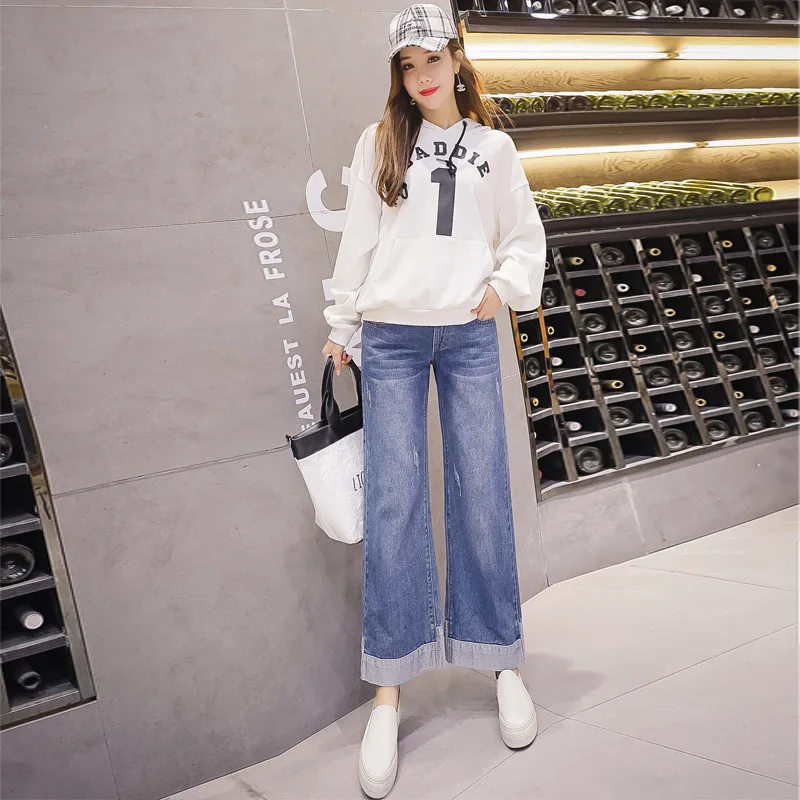 

Jeans High Waist Abdomen Denim Pants Maternity Wide-leg Adjustable Trousers Maternity Clothes Spring And Autumn Pregnant Women
