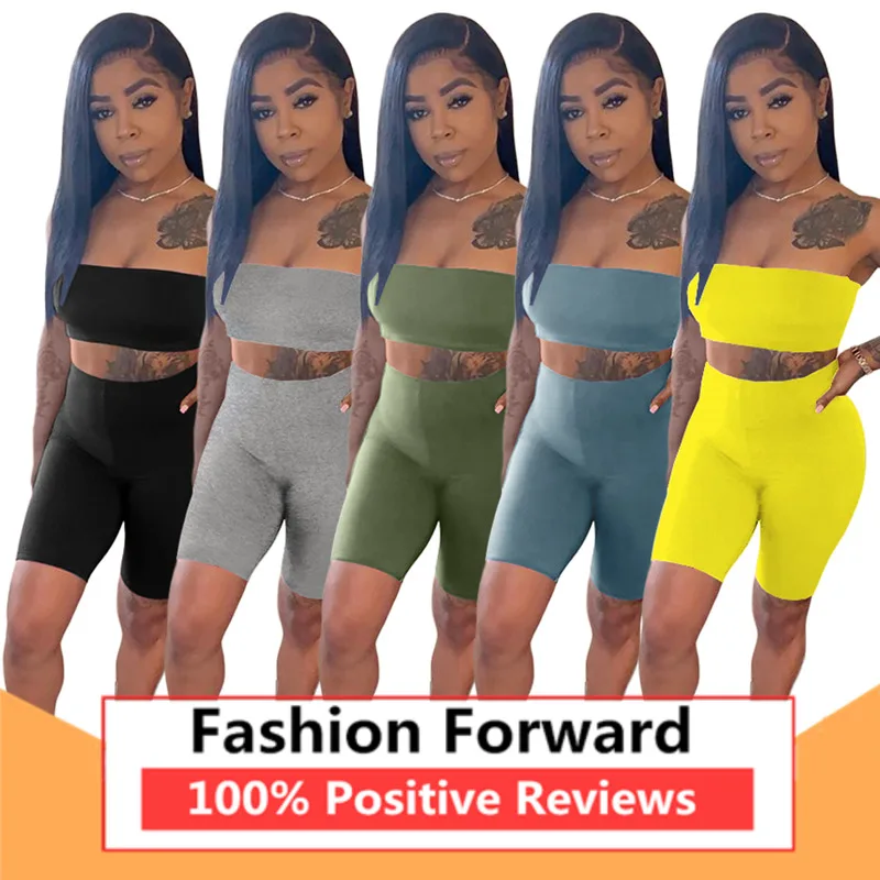 

Womens Casual Solid Color Crop Tube Top and Shorts