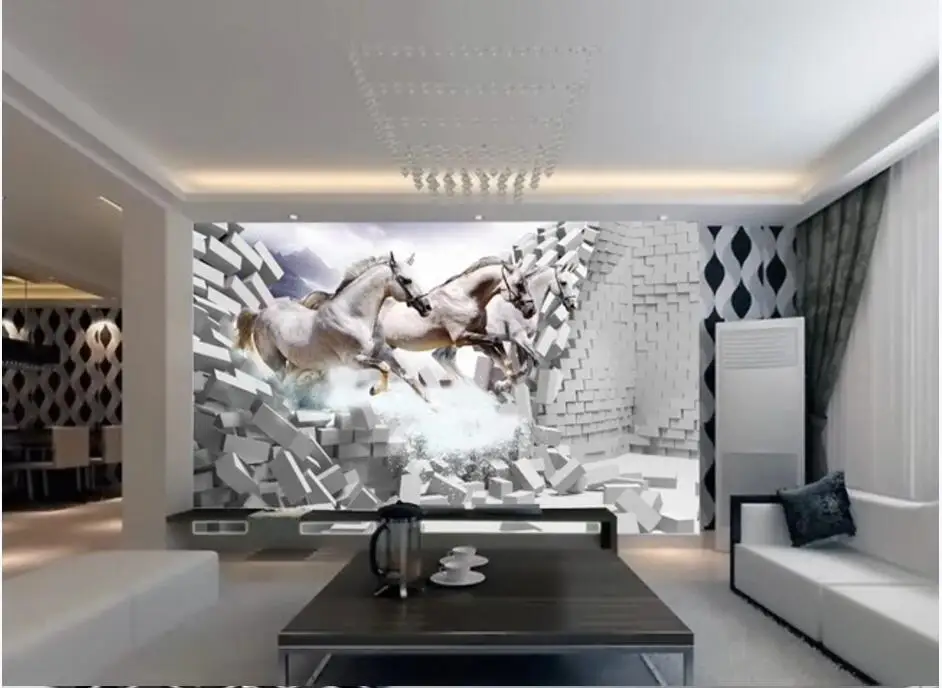 3D обои на заказ фотообои с изображением белых лошадей галлопс кирпичной стены