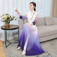 top 2021 new elegant chinese style v neck slim gradient color three quarter sleeve long temperament dress qipao lady robes y1458