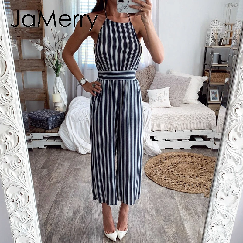 JaMerry богемный полосатый женский комбинезон на шнуровке с открытой спиной женские