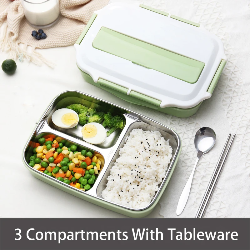 Green w tableware-3 Нержавеющая сталь Термальность контейнеры для еды с отделениями, Герметичная Кружка-порционная коробка Bento для хранения еды контейнер для пикника, офисные школьные Ланч-бокс - Цвет: Green w tableware-3