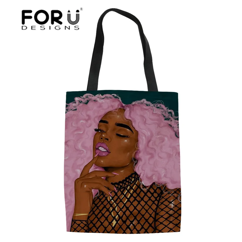 YQ3697Z22 FORUDESIGNS/льняные сумки-тоут женские черные художественные африканские девушки печать хозяйственная сумка женская складная сумка-шоппер сумки для женщин эко-сумка - Цвет: YQ3697Z22