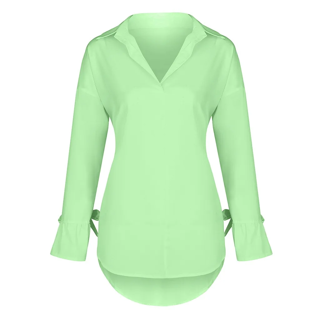 Женская однотонная блузка с длинным рукавом отворотом | одежда