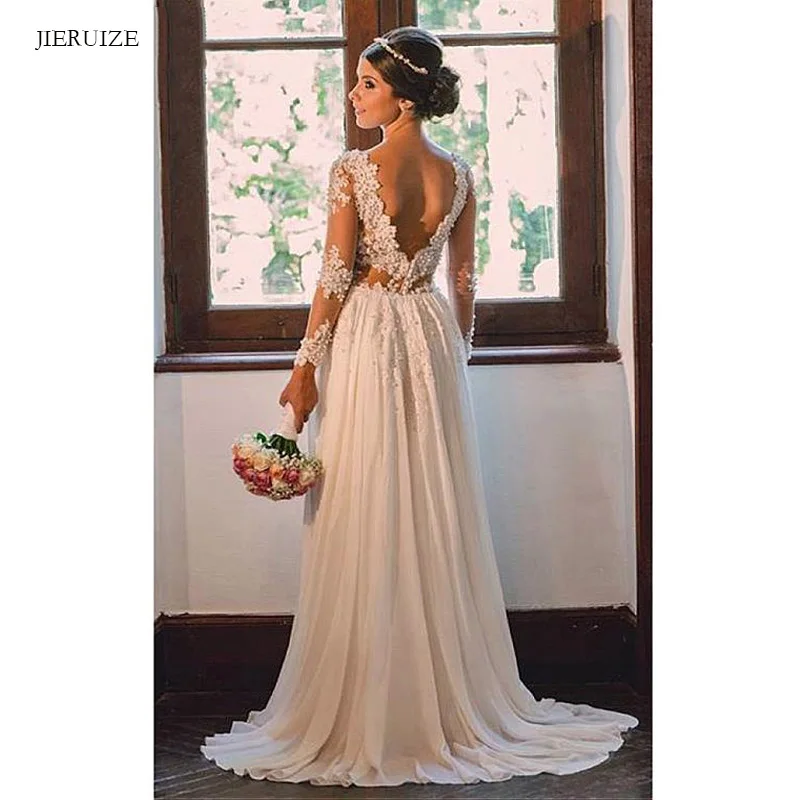 JIERUIZE chiffon lace appliques backless boho Wedding Dresses v-neck pearls long sleeves Bride Cheap Gowns | Свадьбы и торжества