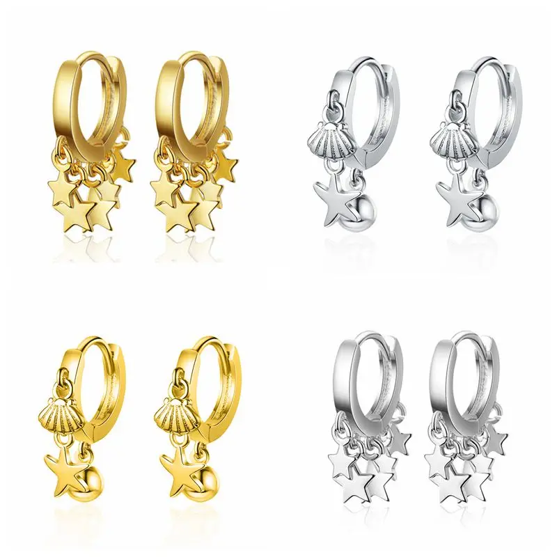 

925 Sterling Silver Ear Buckle Star Hanging Pendientes Metal Punk Hoop Earring Fine Jewelry For Lovers' Couples Party Engagement