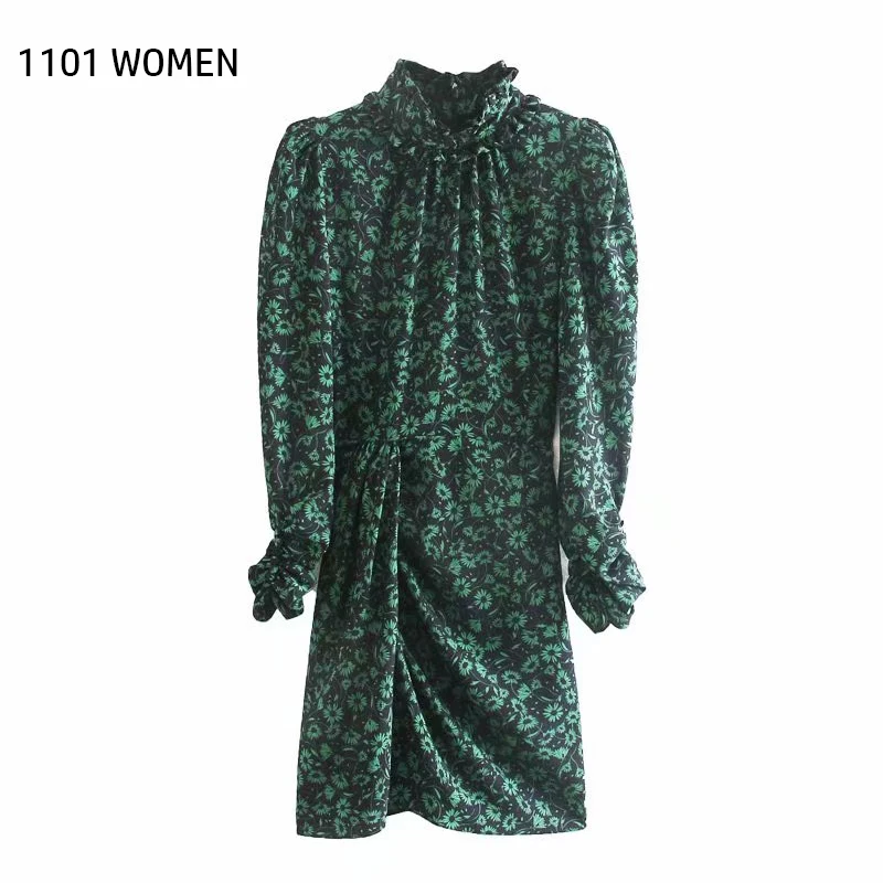 ZA Новое весеннее женское зеленое платье с цветочным принтом и рукавами
