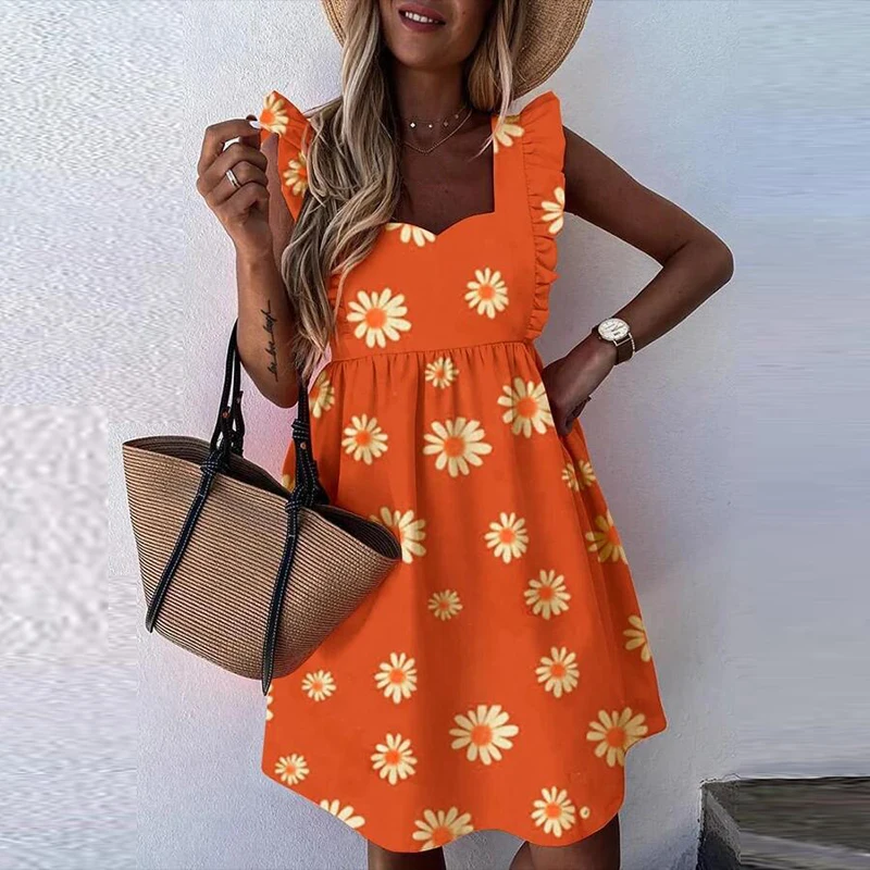 

Sexy Square Collar Casual Print Dress Women Sleeveless Summer Dress 2021 Fashion Beach Party Woman Dress Plus Size