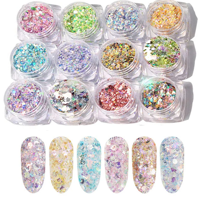 12 коробок/набор блестящих пудр для ногтей AB цвет насыщенный симфонический лазер