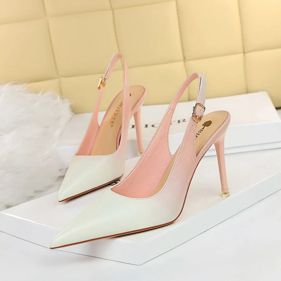 

High Heels Shoes Women Mixed Color Pumps Buckle Slingbacks Sandals Pointed Toe Pump Shallow Shoes Heel Slides Sandalias Mujer