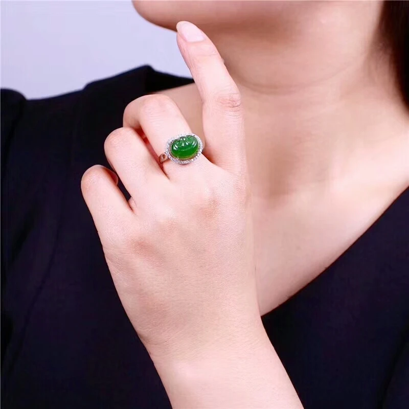 

LETSFUN S925 Sterling Silver Inlay Natural Chinese Green Jade Women Luky Wish Ring Jewelry