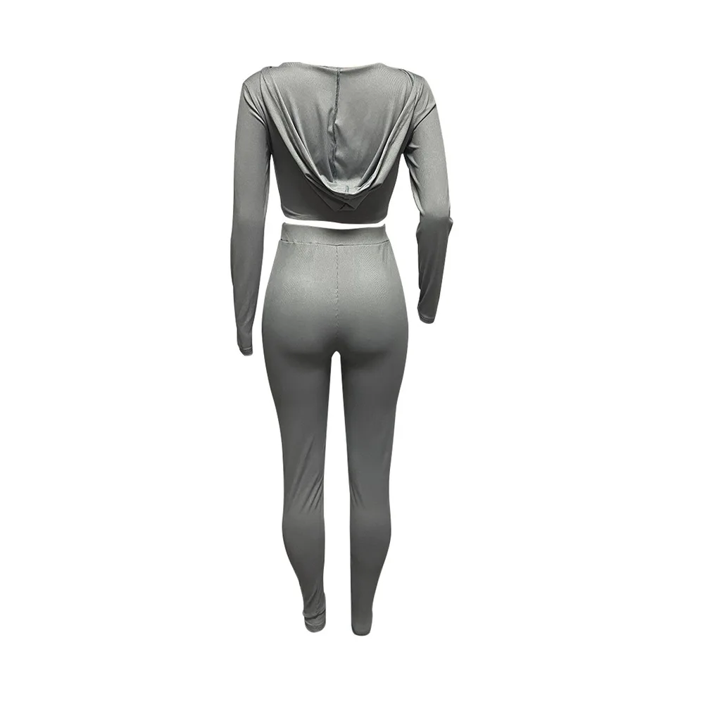 

Elastic Hight Ribbed Bandage Two Piece Sweatsuit Women Low Neck Long Sleeve Slim Crop Top and High Waist Fitness Legging Outfit