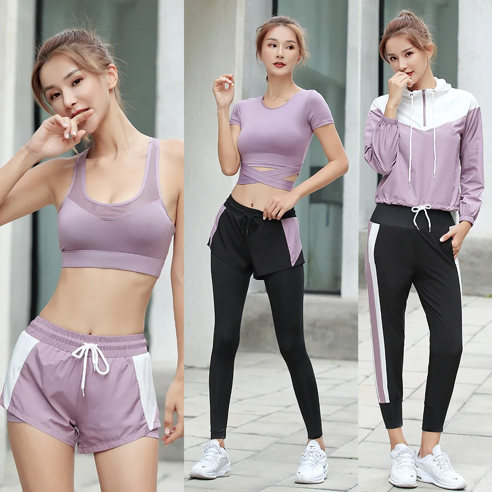 Set of 6 Pieces for Outdoor Activities, Women's Set of Trousers + Hooded Jacket + T-Shirt + Bra + Shorts, Tracksuits Women 2021