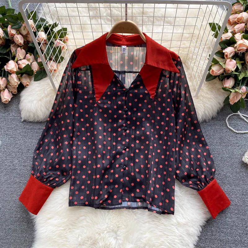 Overlapping Neckline Design Sense Thin Transparent Polka Dot Shirt Blouse Women 2021 Fashion Elegant Long Sleeve Top Shirt