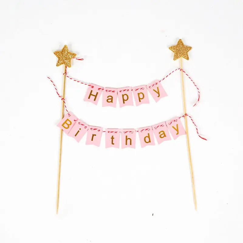 

Pink Blue Black Happy Birthday Cake Banner Flags With Shinning Stars Happy 1st Birthday Cake Topper Decorations