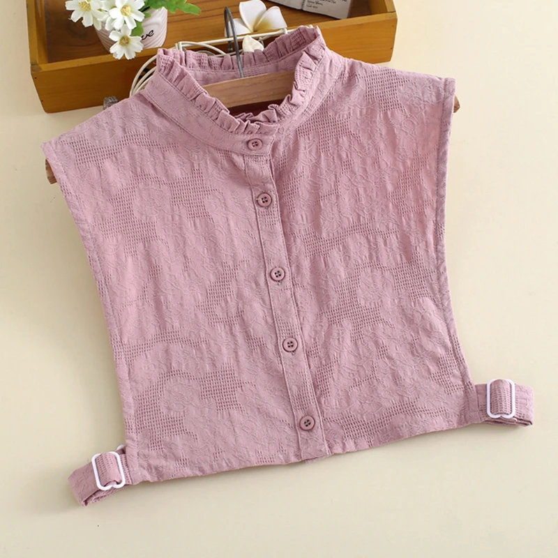 

Women Ruffled Lapel Cotton Decorative False Fake Collar Vintage Floral Jacquard Button Down Detachable Half Shirt Dickey