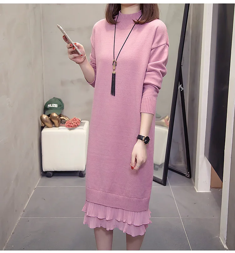 XL-4XL размера плюс, женское вязаное платье с высоким воротом, зима, длинный рукав, пэтчворк, гофрированный женский свитер, теплые платья
