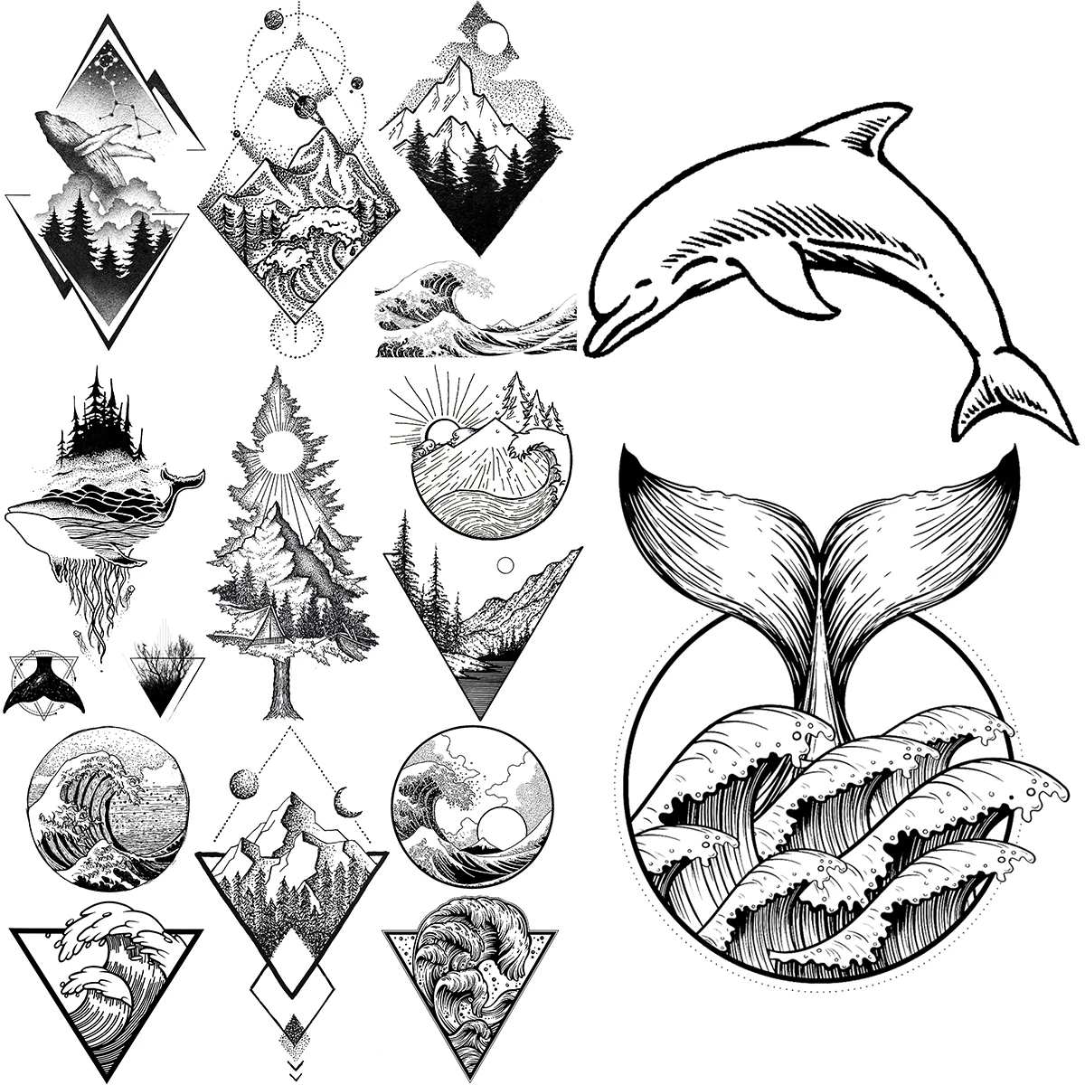 Pencil Sketch Dolphin Wave Temporary Tattoos For Women Adults Mountain Whale Pine Tree Fake Tattoo Sticker Body Arm Tatoos DIY