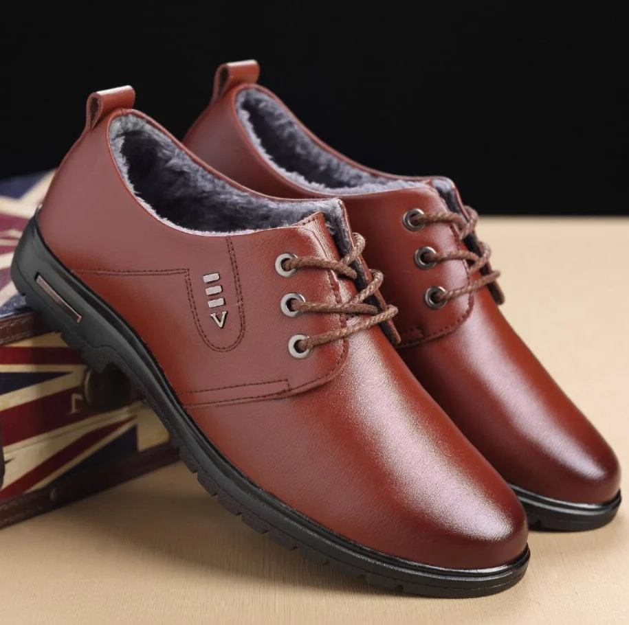 Мужские кожаные ботинки-оксфорды повседневные теплые классические ботинки с