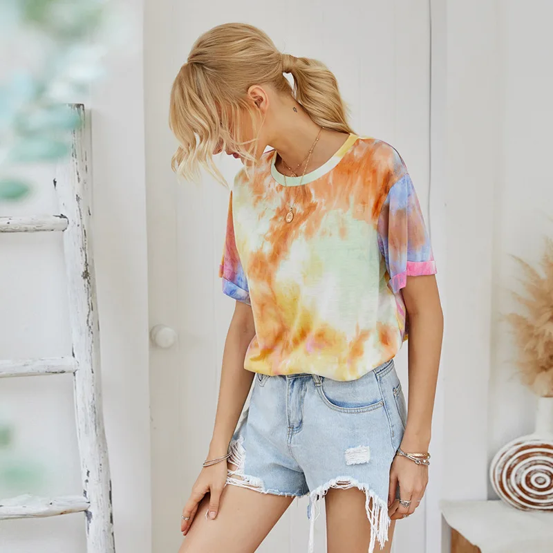 

Summer O-neck Casual Tie-dye T Shirt Top Women Fshion Cotton Short Sleeve Top 2020 New