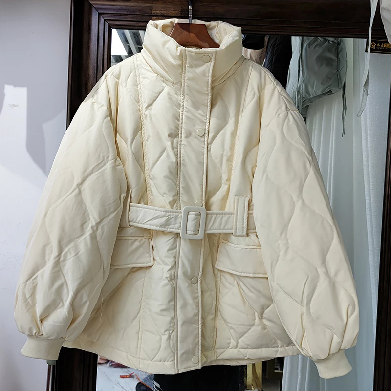 

Женский пуховик с воротником-стойкой, короткое Свободное пальто на белом утином пуху с широкой талией, зимняя одежда, 2021