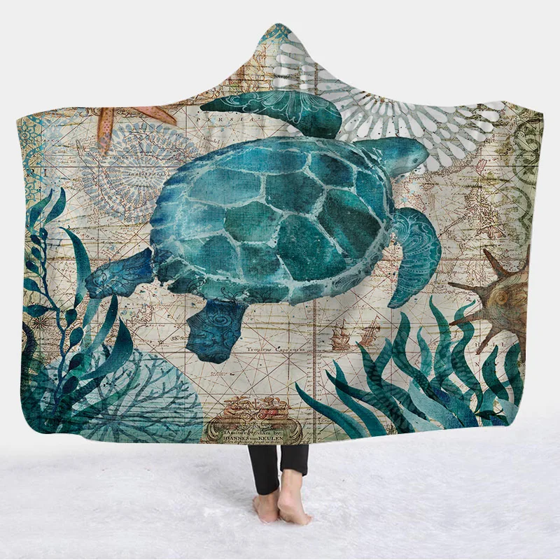 

Adults/Kids Coral Fleece Winter Throw Blankets Custom 3D Sea Turtle Printed Hooded Plaid Blanket For Bed And Sofa