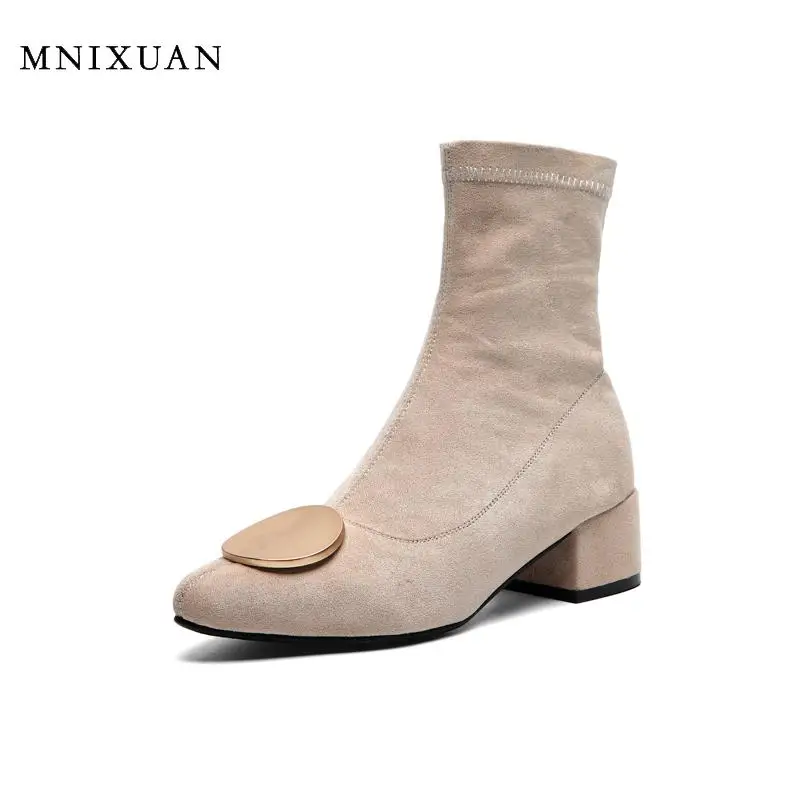 

MNIXUAN Fashion Boots Womens Shoes Size 42 slip on mid-calf boots 2019 new suede pointed toe medium block heel shoes big size 10