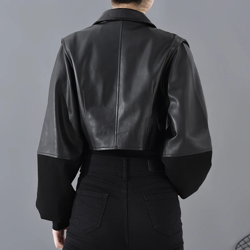 

[EAM] Loose Fit Black Pu Leather Asymmetrical Short Jacket New Lapel Long Sleeve Women Coat Fashion Tide Spring 2021 1H07901