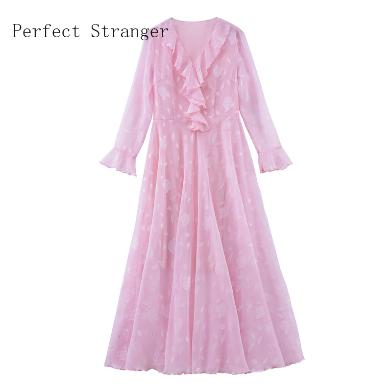 

2020 Autumn New Arrival High Quality Elegant V Collar Long Sleeve Women Chiffon Long Dress