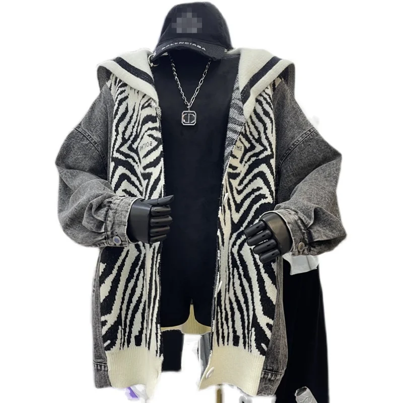 Женский трикотажный кардиган с карманами синяя джинсовая кофта воротником