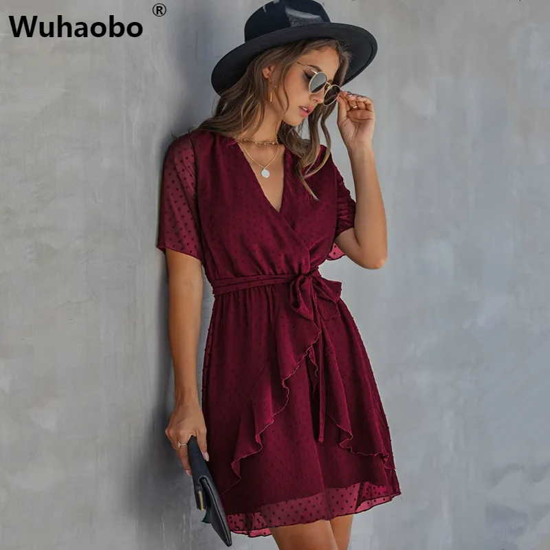 Wuhaobo элегантное уличное платье в горошек пикантное с V образным вырезом на