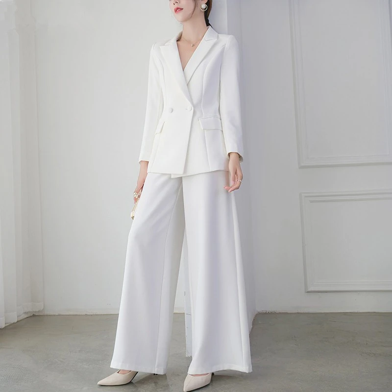 

Женский двубортный пиджак штаны с широкими штанинами, костюмы элегантность, для офиса и работы, куртки для мальчиков на белом модная зимняя верхняя одежда из 2 х предметов комплект женские костюмы со штанами