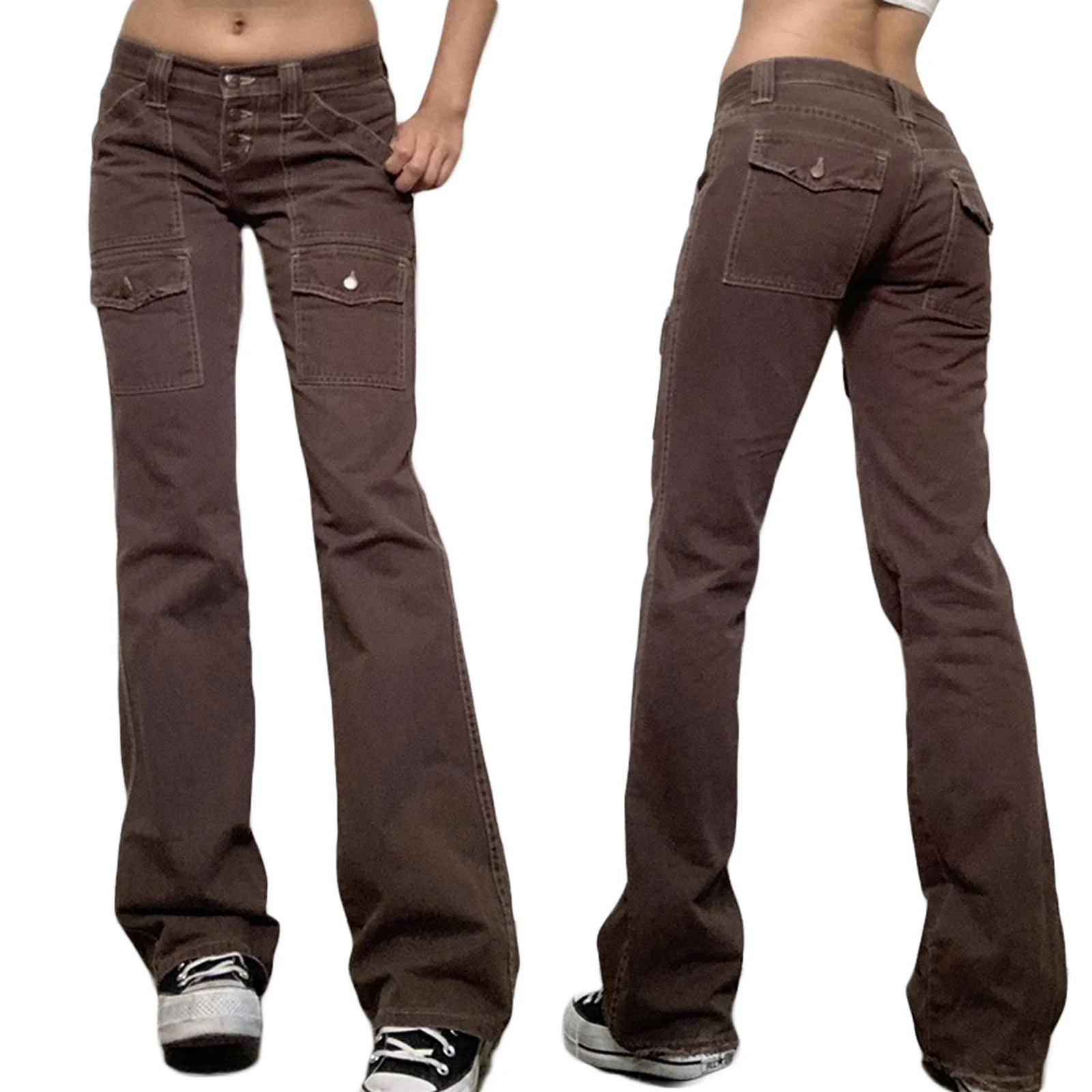 

2021 New Women's Straight Leg Long Pants, Vintage Mid Waist Solid Color Loose Pants with Flap Pockets