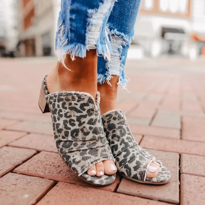 

Slip-on peep toe thick hoof heels casual sandals women shoes summer shoes women slippers denim fashion ladies shoes