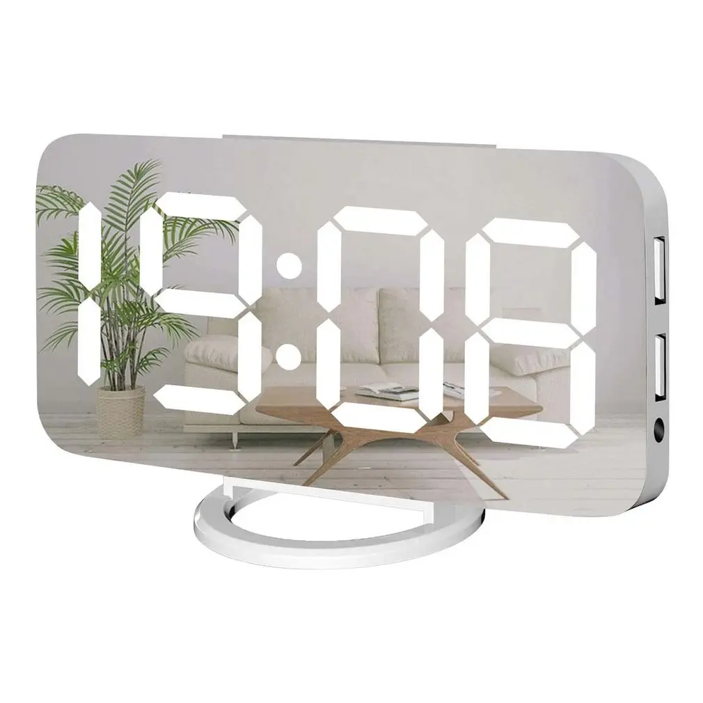 Large Led Mirror Large Digits Low Night Light 2 Usb Charging Ports Desktop Alarm Clock For Bedroom