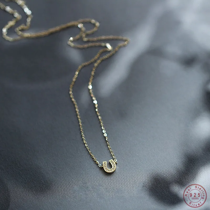 

925 Sterling Silver 14K Gold Plated Pavé Crystal Horseshoe U Shape Pendant Necklace Women Choker Fashion Jewelry Accessories