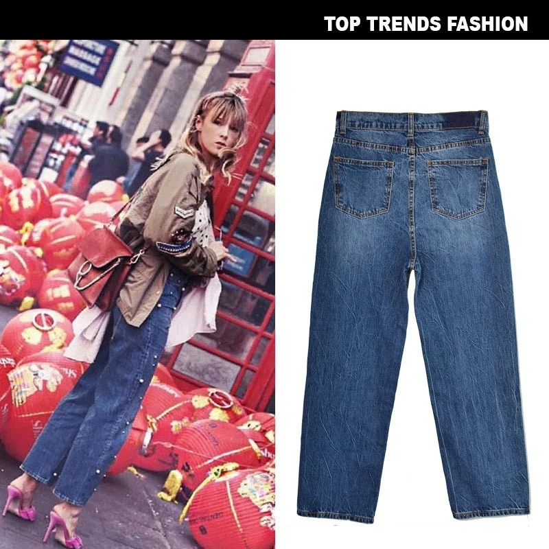 

European and American High-waisted Straight Loose Wide-leg Women's Jeans Trousers Pearl Studded Street Style 2021