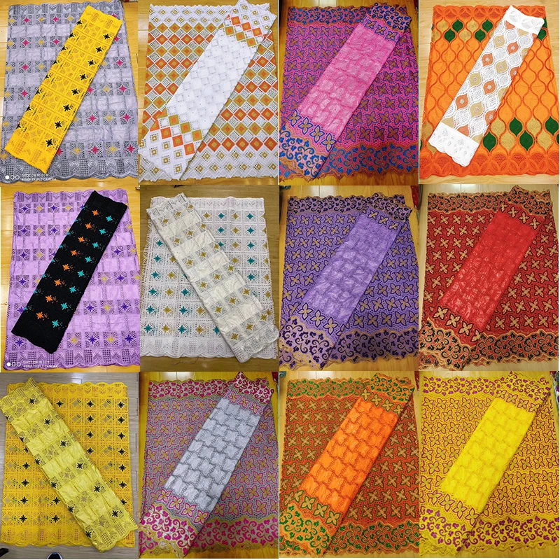 

African style 2.5 Yards 100% Cotton Fabric Embroidery Diamond inlay And 2.5 Yards Bazin Basin Material For Lady to make clothes