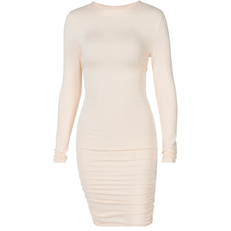 

WJFZQM Solid Color Short Dress Women Casual Dress O Neck Pleated Drawstring Sexy Hollow Out Long Sleeve Mini Black Pencil Dress