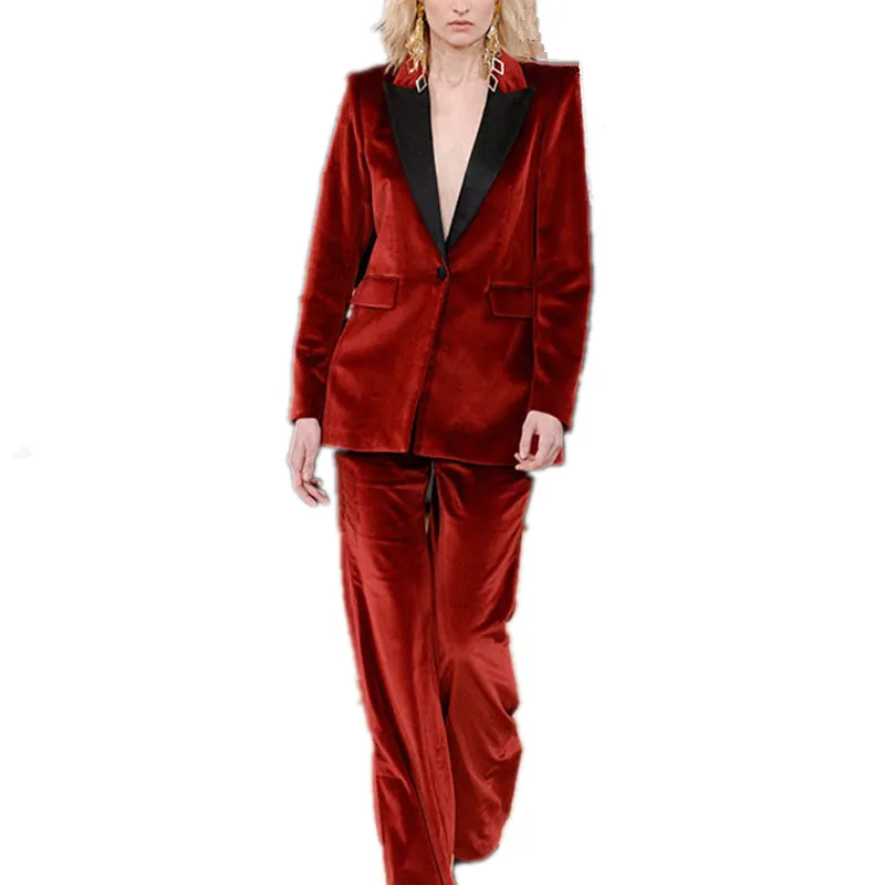 

New 2021 Burgundy Velevt Double-Breasted 2 piece women business suits formal office suits black lapel female trouser suit