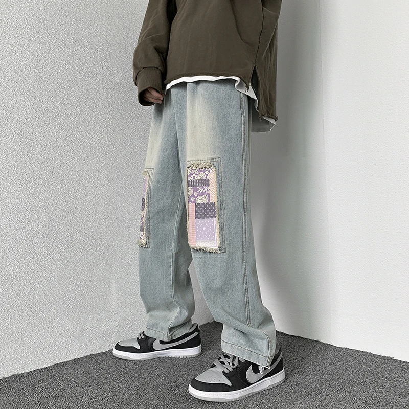 

Spring Hip Hop Men Retro Mopping Jeans Cashew nut flower Knee Patch Biker Jeans Men High Street Loose Denim Pants Male