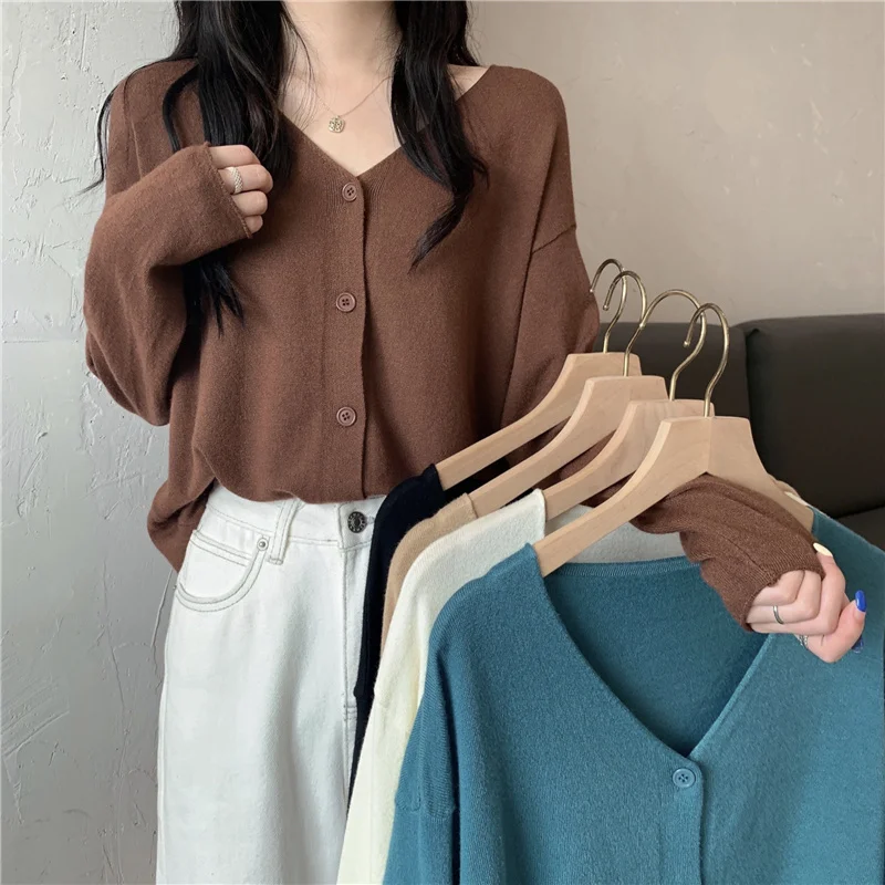 

Вязаный кардиган, Женское пальто, новинка 2021, корейский прямой универсальный Тонкий Топ с длинным рукавом и V-образным вырезом