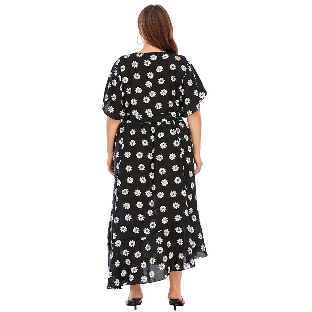 

5XL Plus Size Summer Dress Women Short Sleeve Floral Print Ruffles Irregular Boho Beach Dresses Loose Oversize Maxi Long Dress