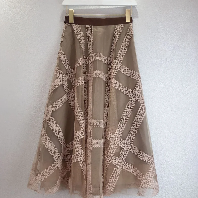 

Fashion Chic Lace Patchwork Embroidery Skirt Women High Waist A Line Slim Jupe Femme Spring Summer 2021 New Outwear Faldas Mujer