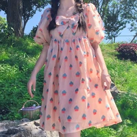 japanese style cute strawberry floral puff sleeves midi square collar bubble skirt full body dress girls summer lolita dress