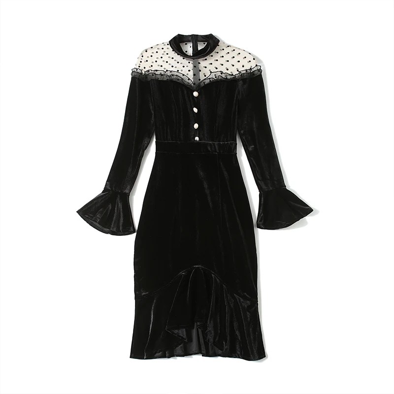 

Banulin Autumn Women Black Flare Sleeve Stand Collar Velvet Dress Ruffles Mesh Patchwork Office Elegant Bodycon Mermaid Dress
